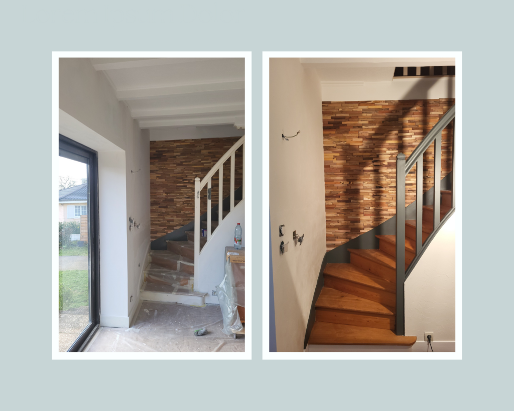 mur en parement avant après PEINTURE RENO artisan peintre, professionnel de la peinture, à proximité de Besançon, travaux de peinture, neuf et rénovation dégâts des eaux murs et plafonds dans le Doubs à Besançon.