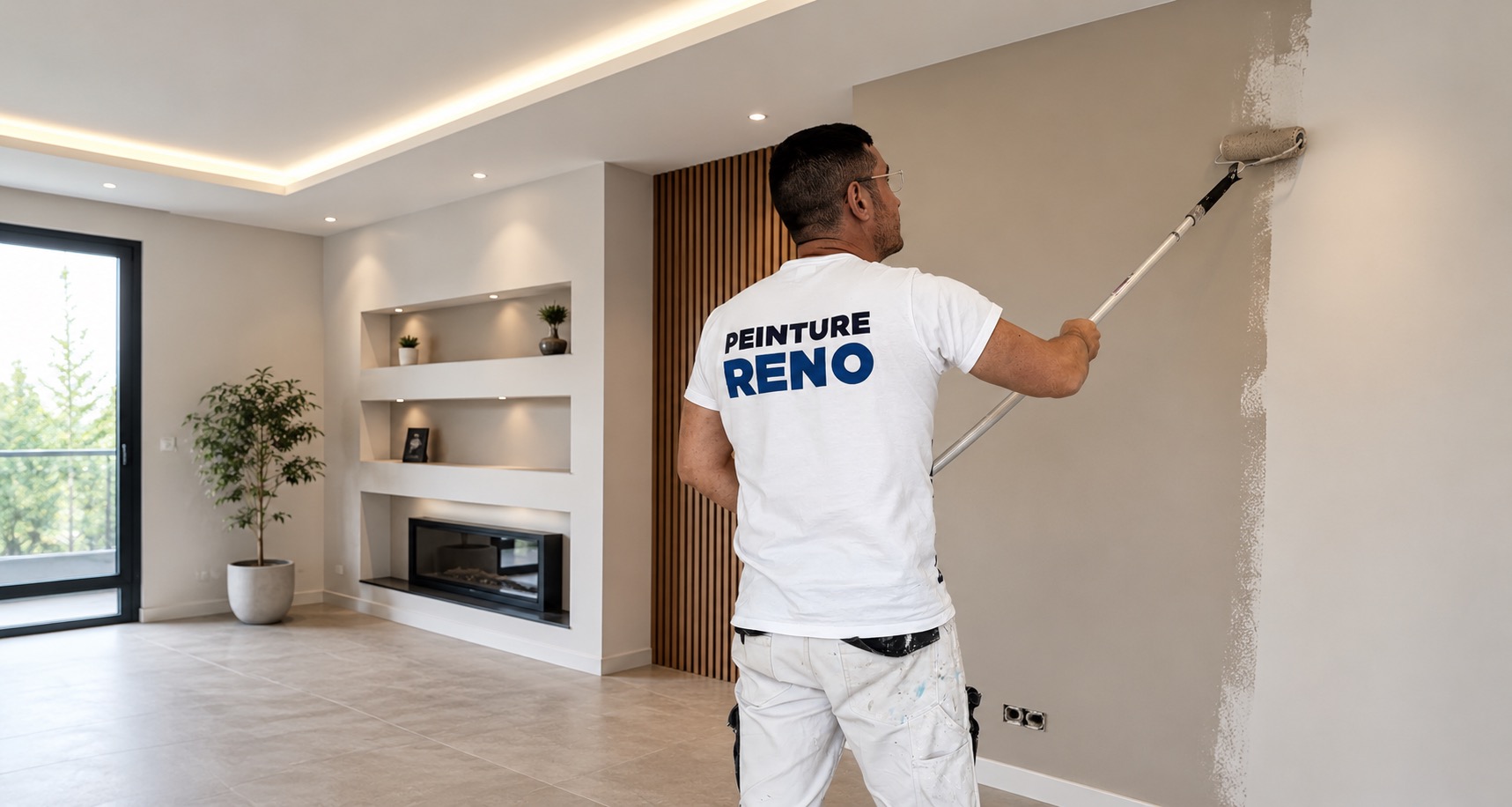 Artisan Peinture Reno appliquant de la peinture au rouleau dans un salon rénové à Besançon